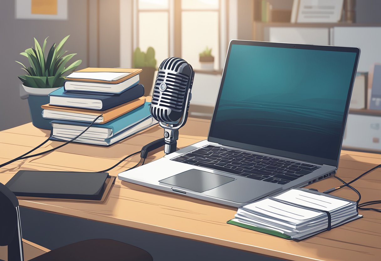 A microphone and headphones sit on a desk next to a laptop displaying a podcasting software interface. A stack of legal books and documents is nearby, suggesting the topic of legal considerations for making money through podcasting