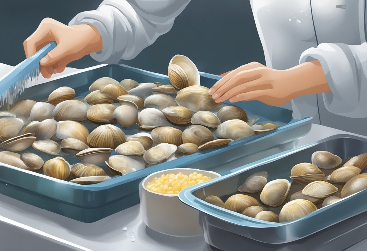 Clams being scrubbed and soaked in cold water before being carefully packed and sealed in airtight containers for freezing