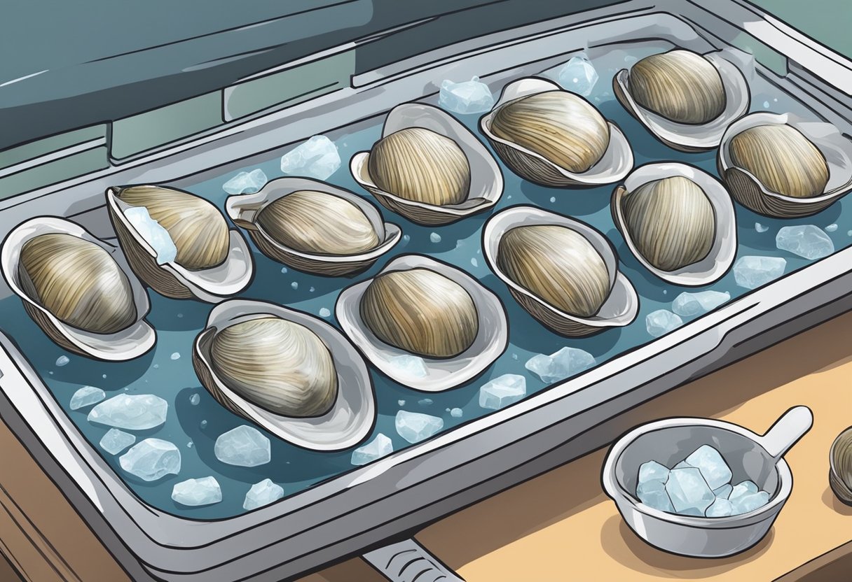 Clams being placed in a freezer on a tray with a layer of ice to freeze them. Tips for freezing clams listed nearby