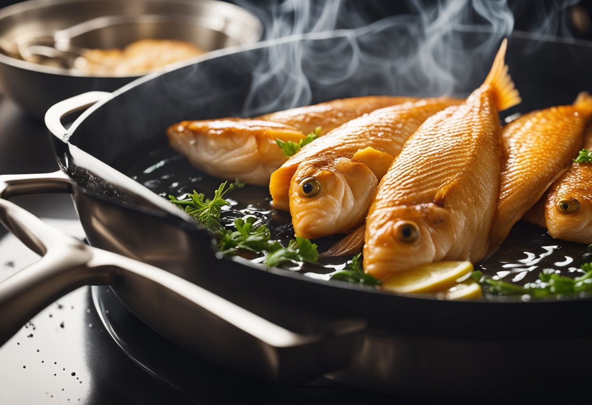 A pan sizzles as a golden fish cooks in bubbling oil. Steam rises, and the fish is flipped with a spatula