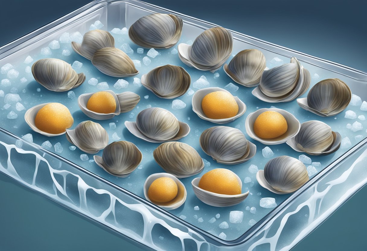 Clams being placed in a freezer, surrounded by ice and frost