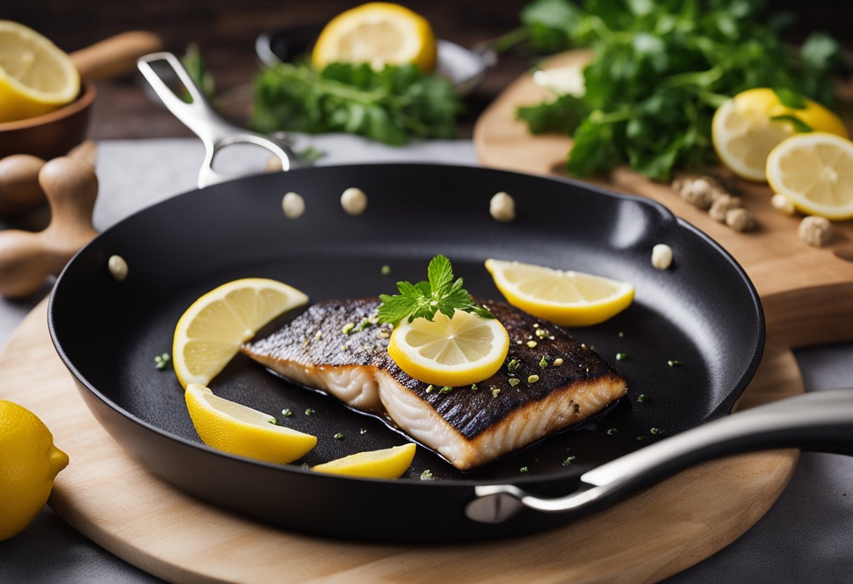A fish fillet sizzles in a hot pan. A chef flips it with a spatula, then plates it with a side of lemon wedges