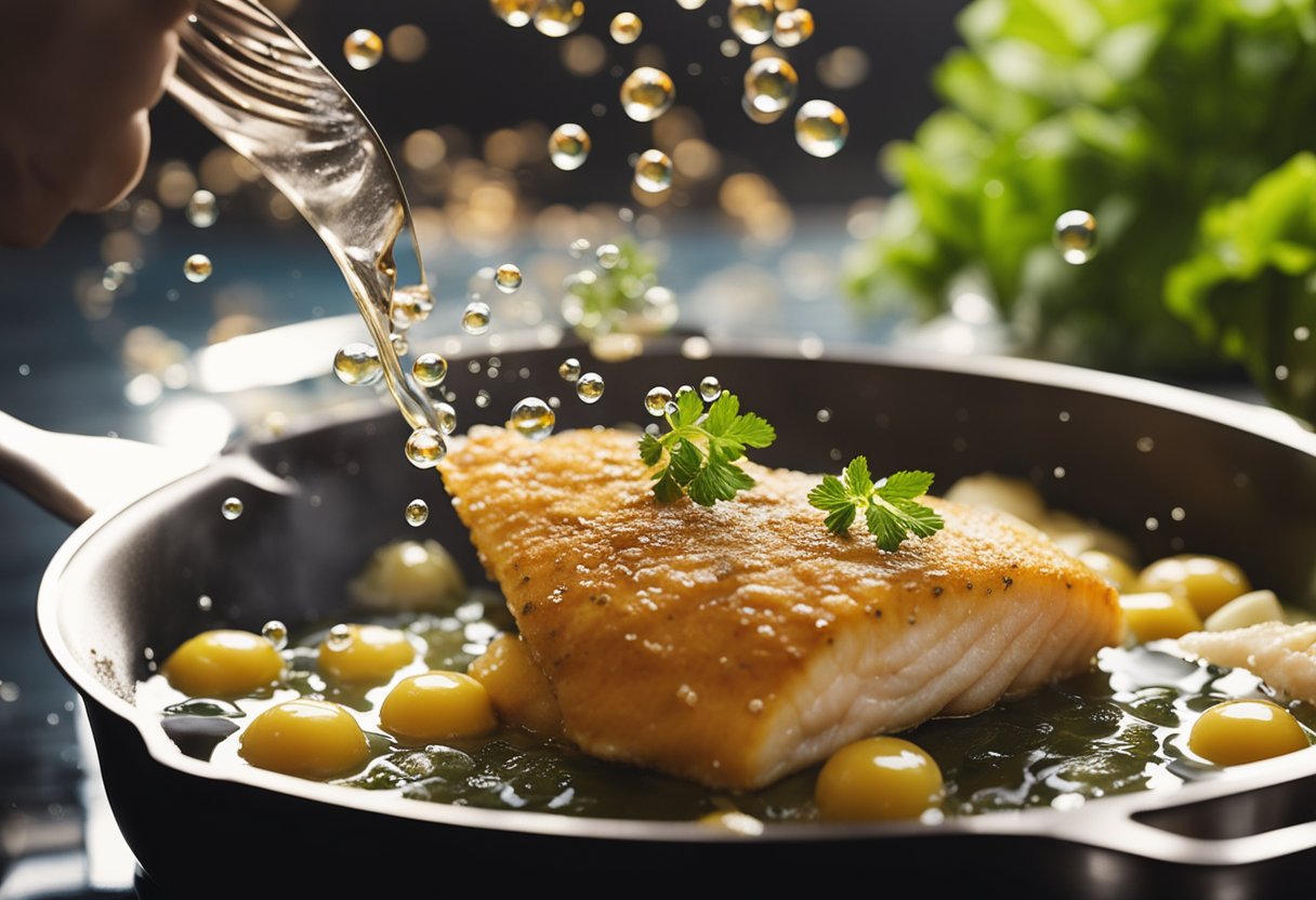 A fish being dipped in batter, sizzling in a pan of hot oil. Bubbles forming around the fish as it fries