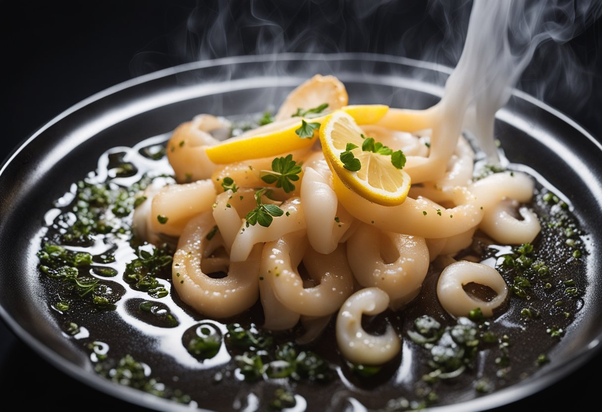 Squid sizzling in hot oil, turning golden brown. Steam rising, a sprinkle of salt and a squeeze of lemon