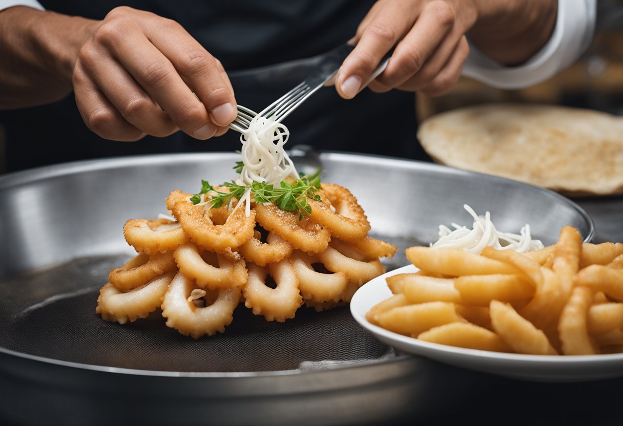 Squid being cleaned, sliced, and coated in batter before frying