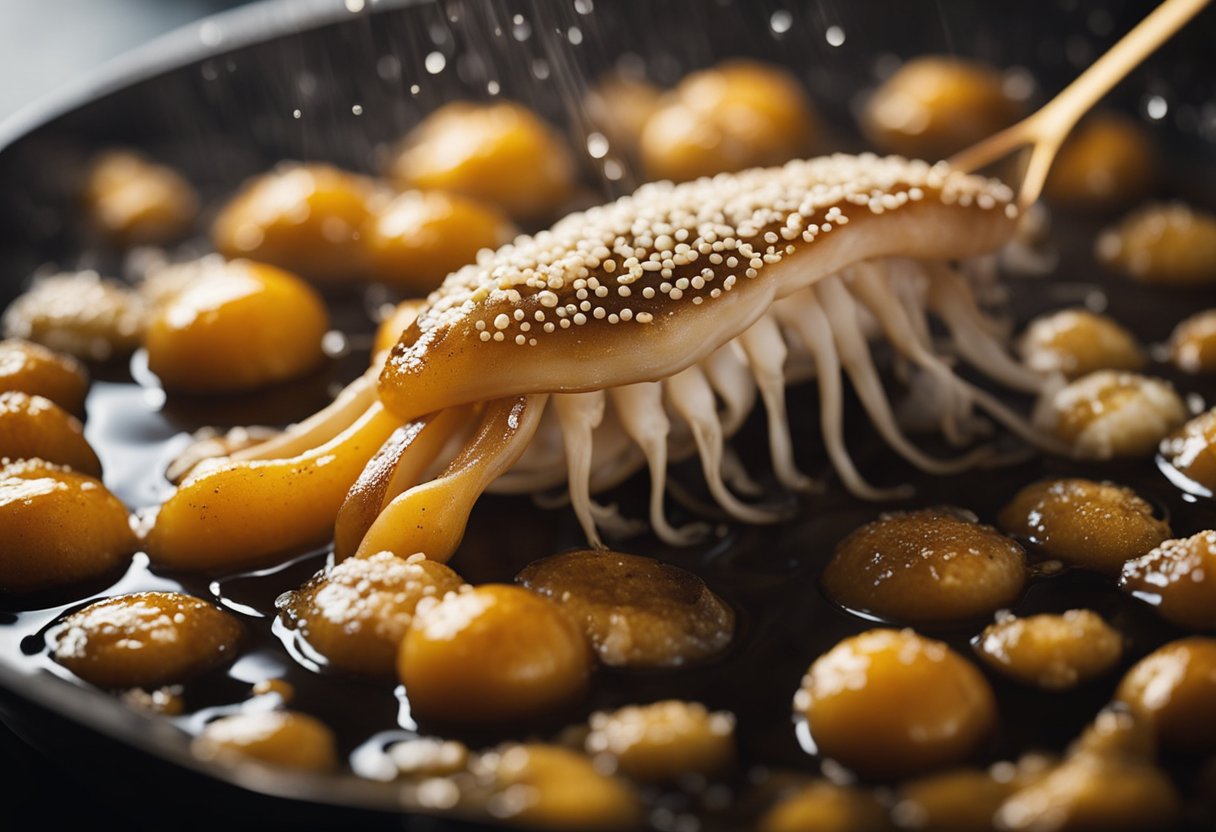 Squid sizzling in hot oil, turning golden brown. Steam rising, bubbles popping. A chef's spatula flipping and draining excess oil