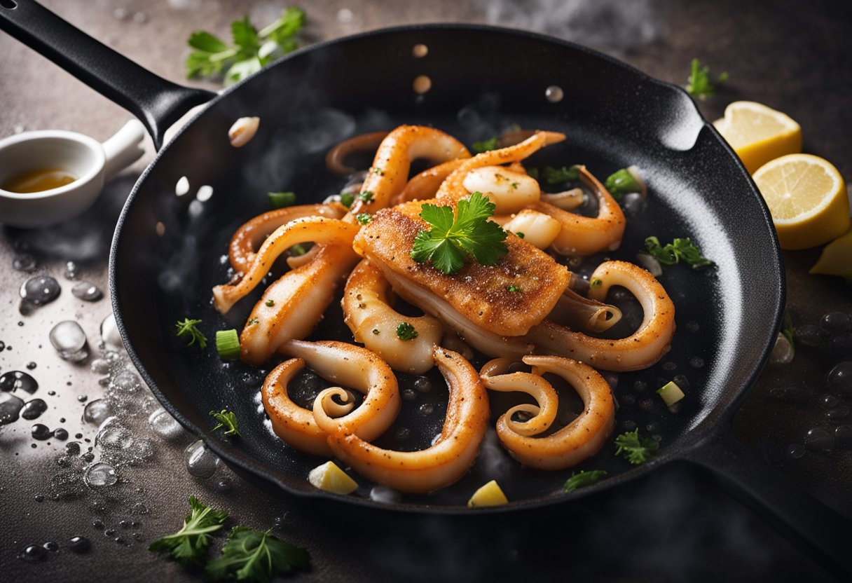 Sizzling squid in a hot frying pan, steam rising, with a spatula flipping the pieces. Oil bubbles and splatters
