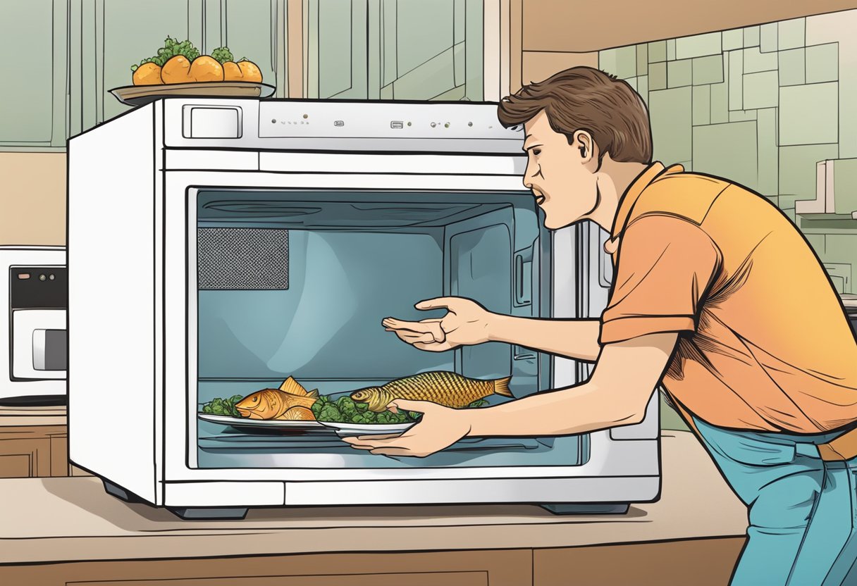 The microwave emits a strong fish odor, with a person holding their nose in disgust