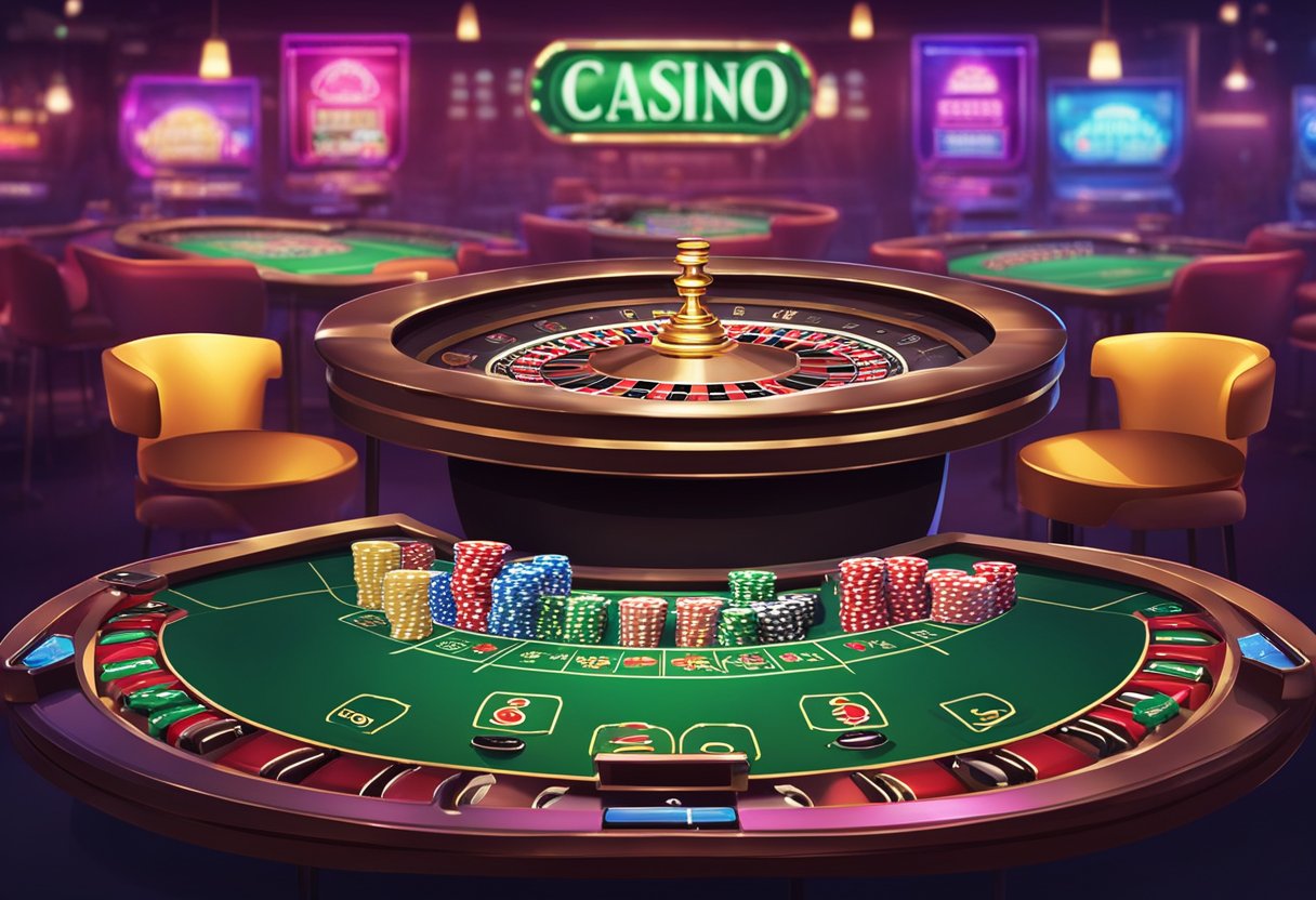 A table with various casino games displayed, including slots, roulette, and blackjack. Bright lights and vibrant colors create an exciting atmosphere