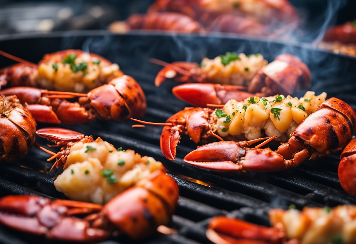 Lobster tails placed on a hot grill, sizzling and turning a vibrant red color as they cook