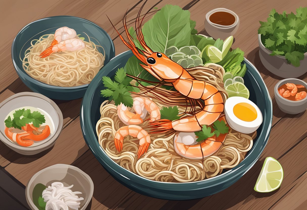 A steaming bowl of hock prawn mee sits on a wooden table, garnished with fresh prawns, sliced pork, and fragrant herbs