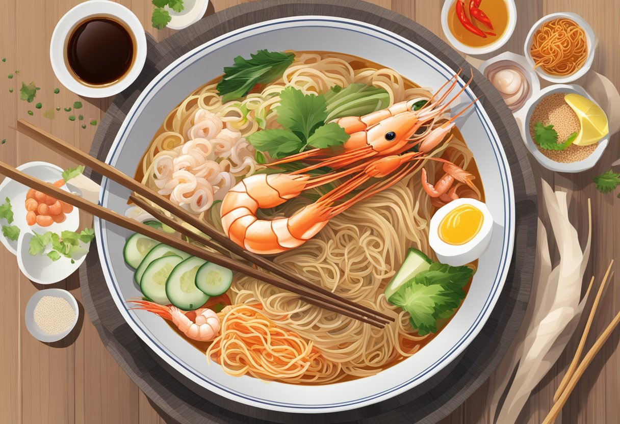 A steaming bowl of hock prawn mee sits on a wooden table, surrounded by condiments and chopsticks. Steam rises from the rich, fragrant broth, and the noodles are garnished with fresh prawns and sliced chili