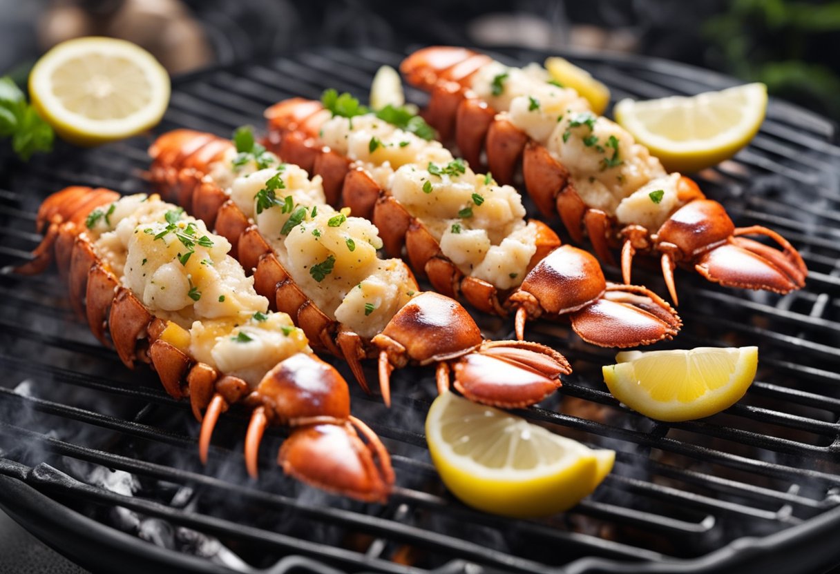 Lobster tails sizzling on a hot grill, with grill marks forming. A brush applies garlic butter, while lemon slices add a pop of color