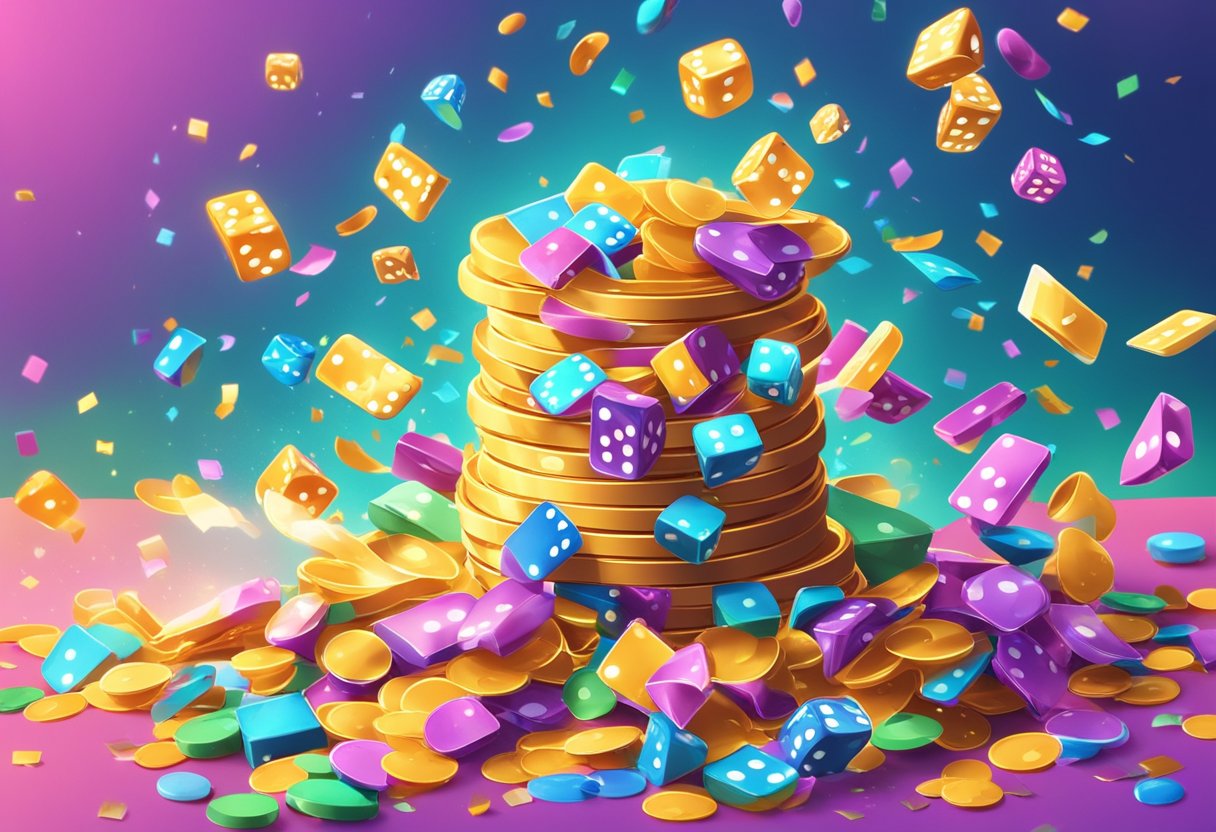 Colorful confetti raining down on a stack of chips and dice, with bright banners reading "Bonuses and Promotions" fluttering in the background