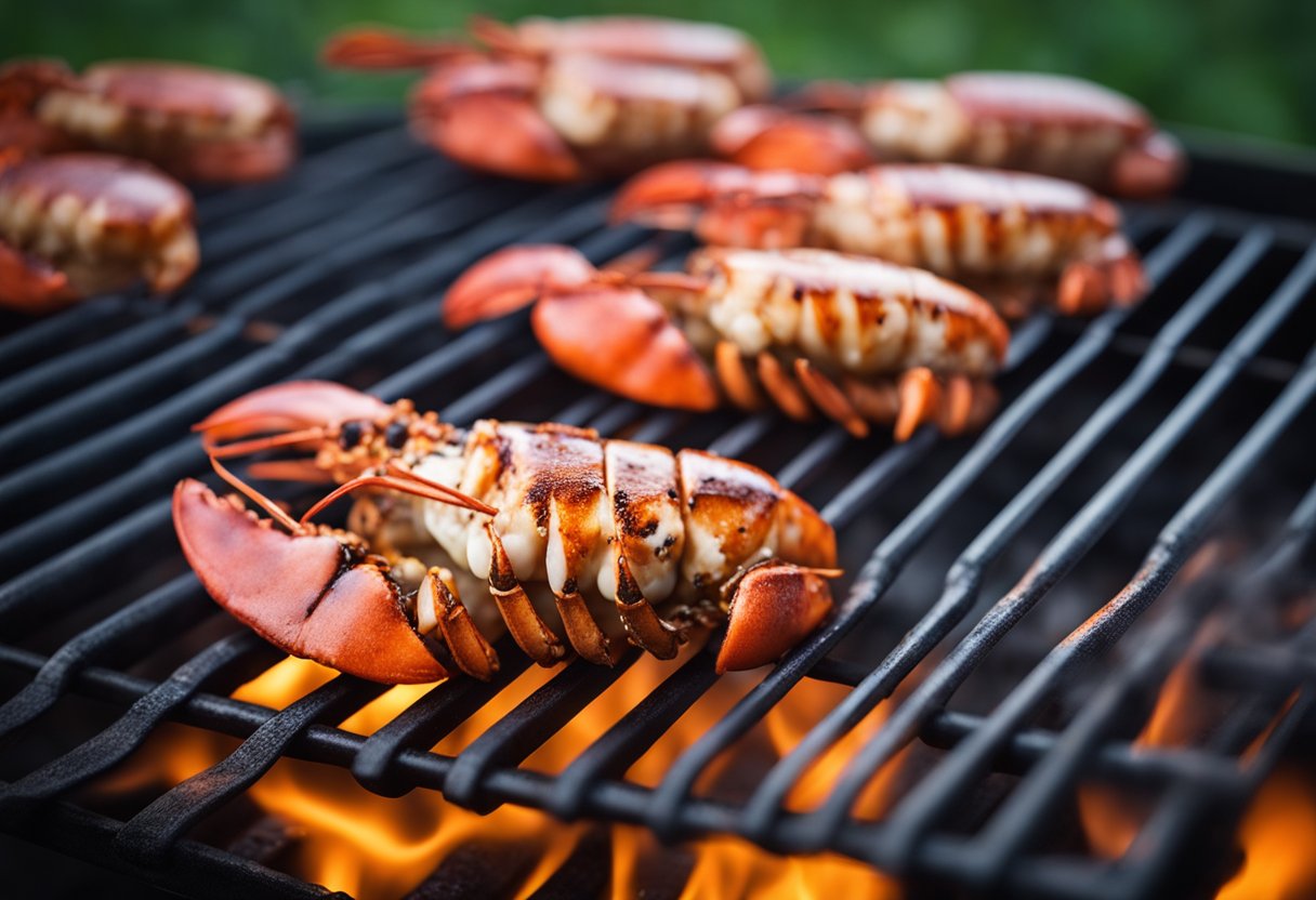 Lobster tails on a grill, with flames licking the edges. A pair of tongs flips the tails as they sizzle and char