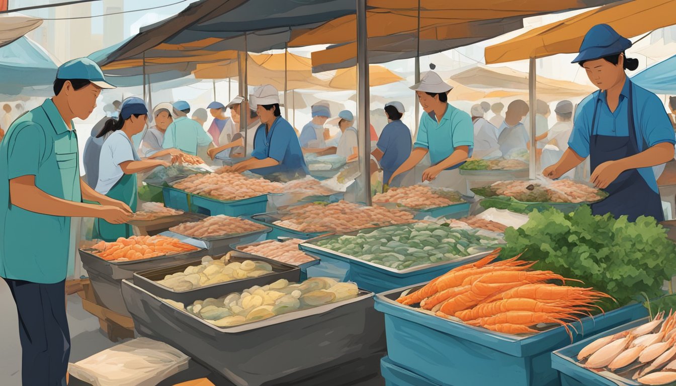 A bustling seafood market in Ho Chi Minh City, with vendors selling fresh fish, crabs, and shrimp. Customers haggle over prices while chefs prepare meals at nearby stalls