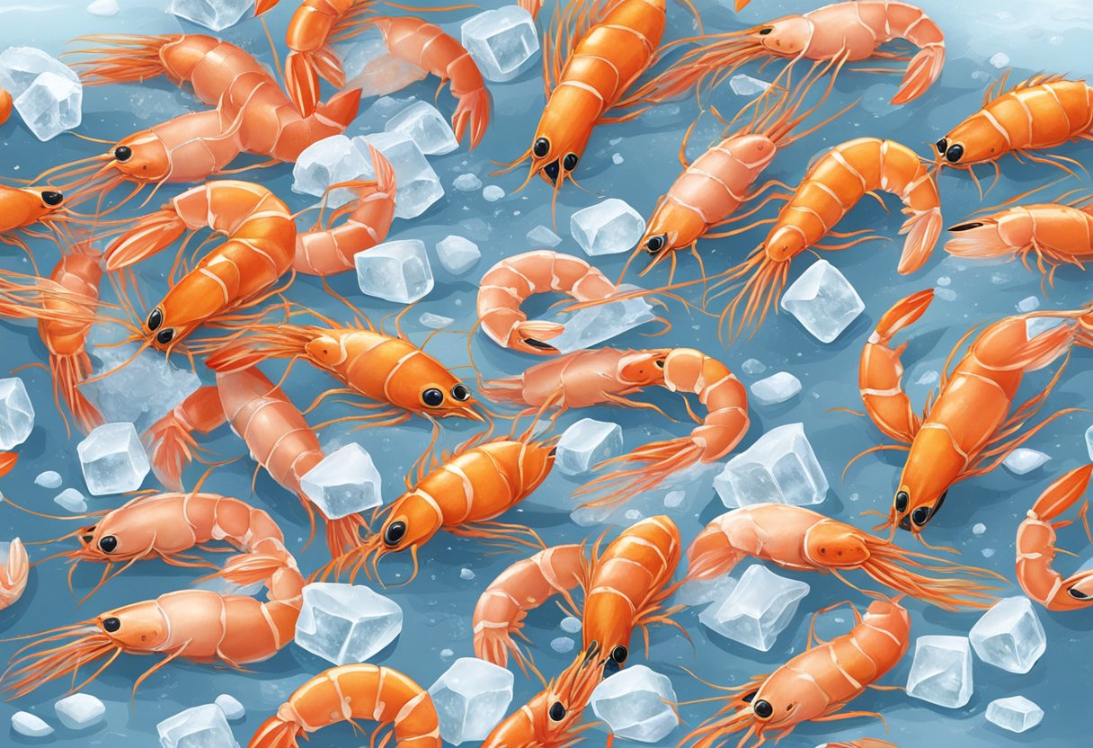 Prawns being sorted and cleaned on a bed of ice to keep them fresh