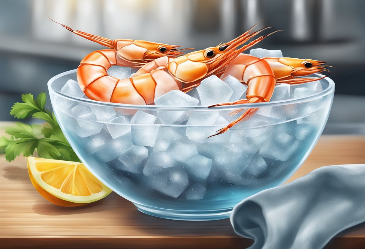 A bowl of ice with fresh prawns on top, covered with a damp cloth. A refrigerator in the background