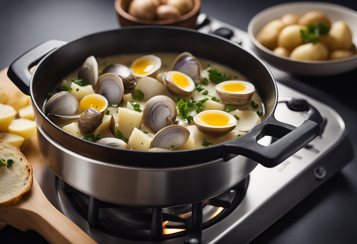 A pot simmers on the stove. Clams, potatoes, and onions are chopped on a cutting board. A creamy broth bubbles in a separate pot