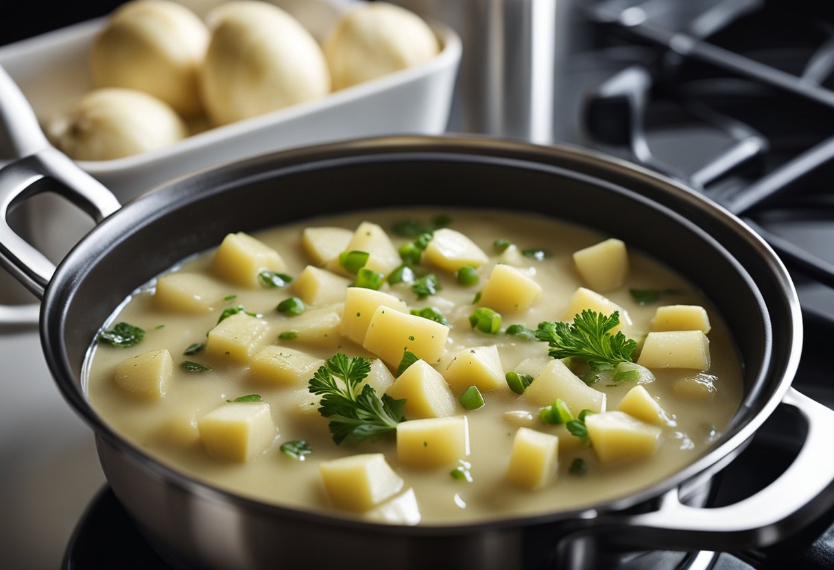 A pot simmers on the stove with diced onions, celery, and potatoes in a creamy broth, ready for clams to be added