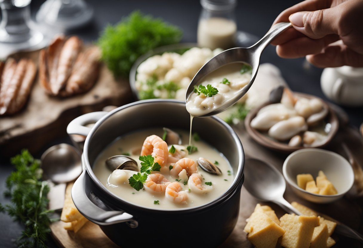 Seafood and liquids being added to a pot for clam chowder soup