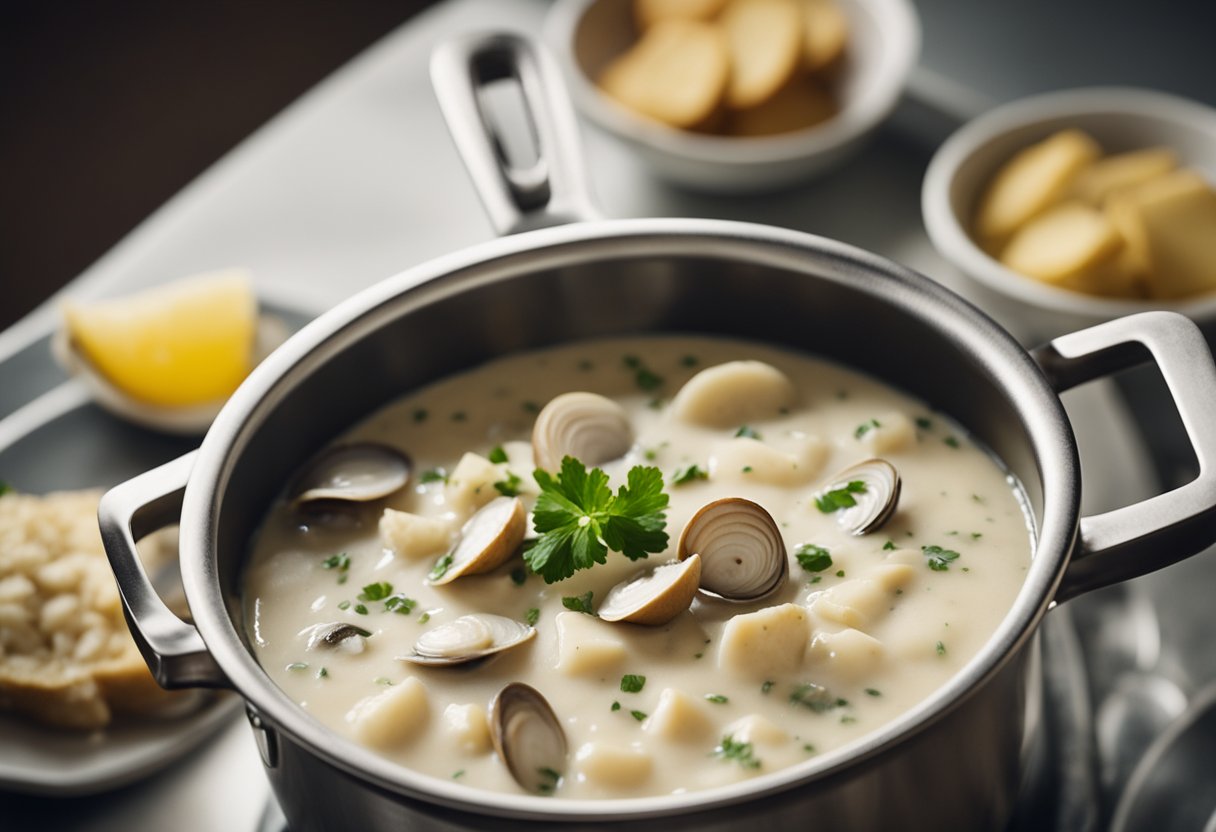 A pot of clam chowder simmers on a stove. Ingredients like clams, potatoes, and creamy broth are visible. A ladle rests on the edge of the pot