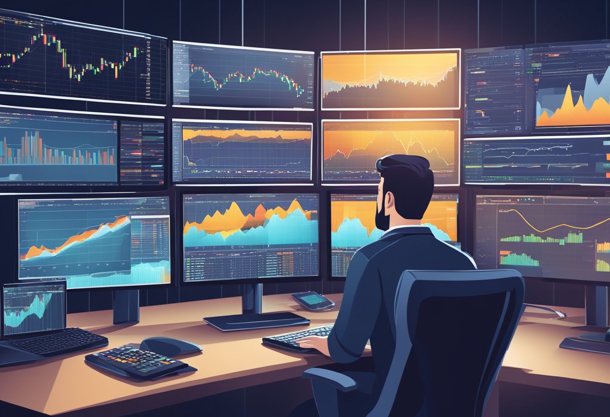 Multiple computer screens showing live trading data, charts, and graphs. A busy and dynamic atmosphere with traders analyzing information and making decisions