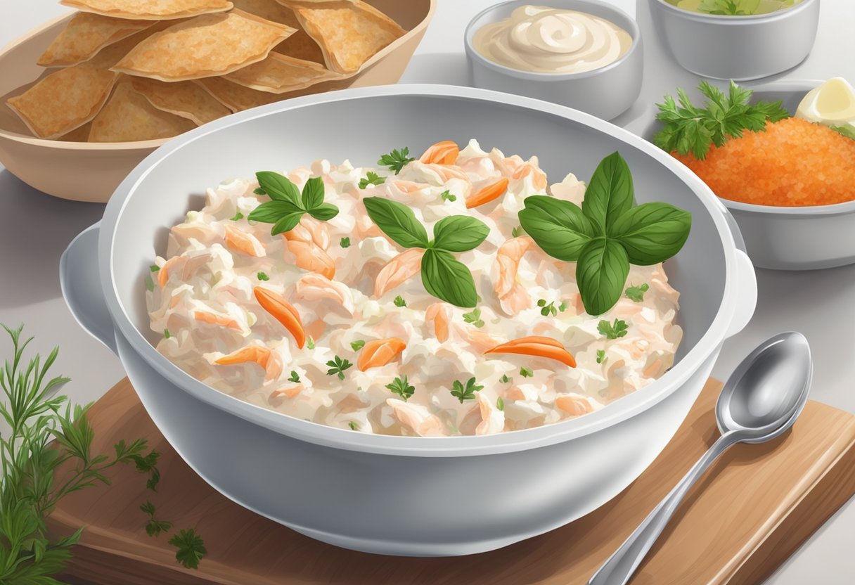 A bowl of crab meat mixed with mayonnaise, seasoned with herbs and spices, sits on a kitchen counter. A spoon is used to blend the ingredients together