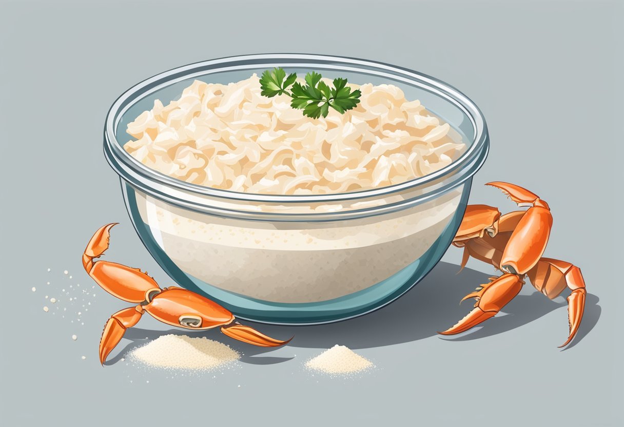 A bowl of fresh crab meat, a jar of mayonnaise, and a sprinkle of seasoning on a clean kitchen counter