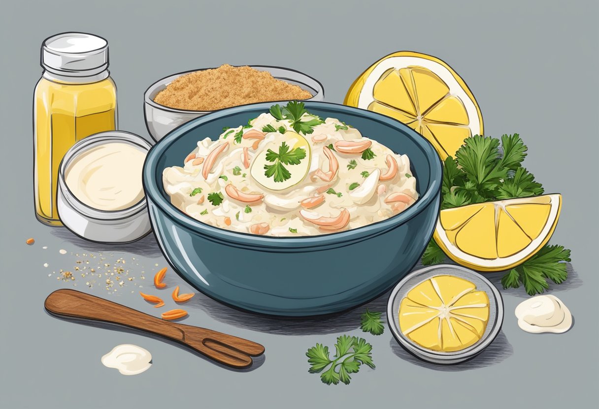 A bowl of crab meat mixed with mayonnaise, surrounded by ingredients like lemon, parsley, and spices, with a jar of mayo and a spoon nearby