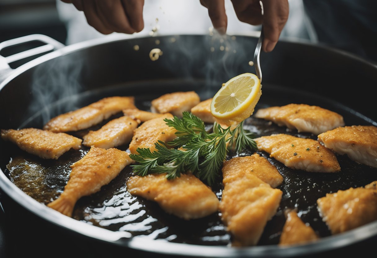 A fresh fish is being dipped in a seasoned batter and then submerged in hot oil until golden brown and crispy