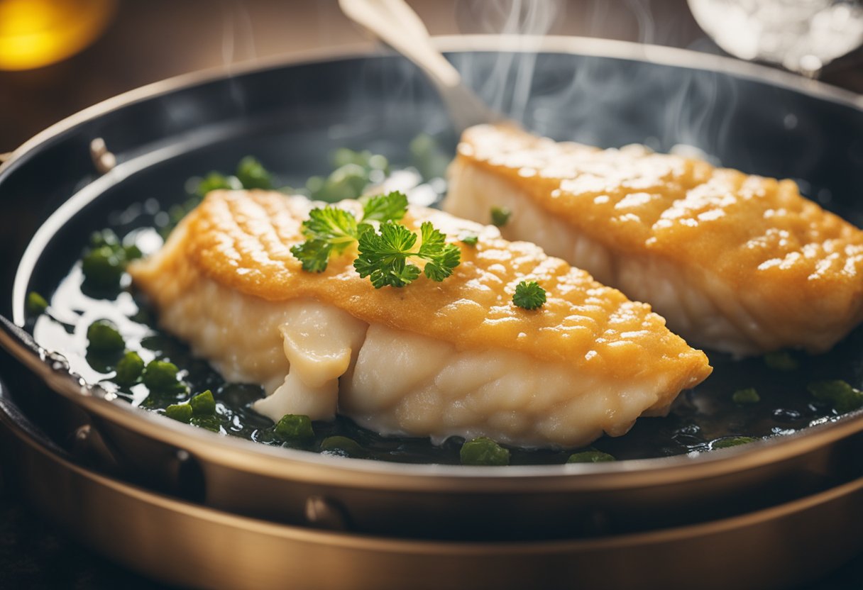 Fish being dipped in batter, sizzling in hot oil