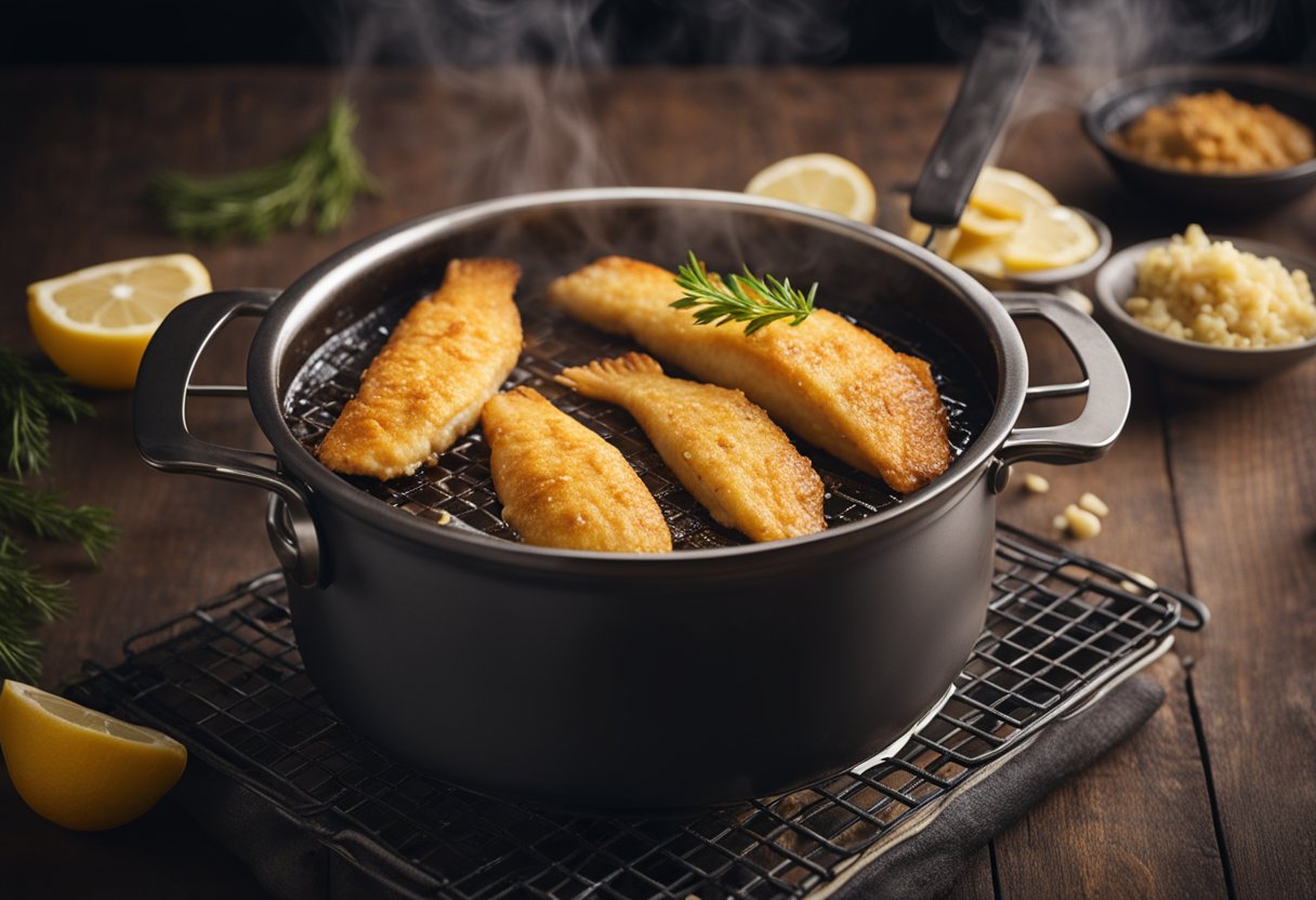 A fish being dipped in batter, then lowered into a pot of sizzling oil. Smoke rises as it fries to a golden brown