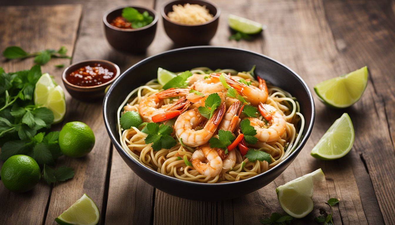 A steaming bowl of Hokkien prawn noodle sits on a rustic wooden table, surrounded by vibrant chili paste, fresh lime wedges, and fragrant herbs