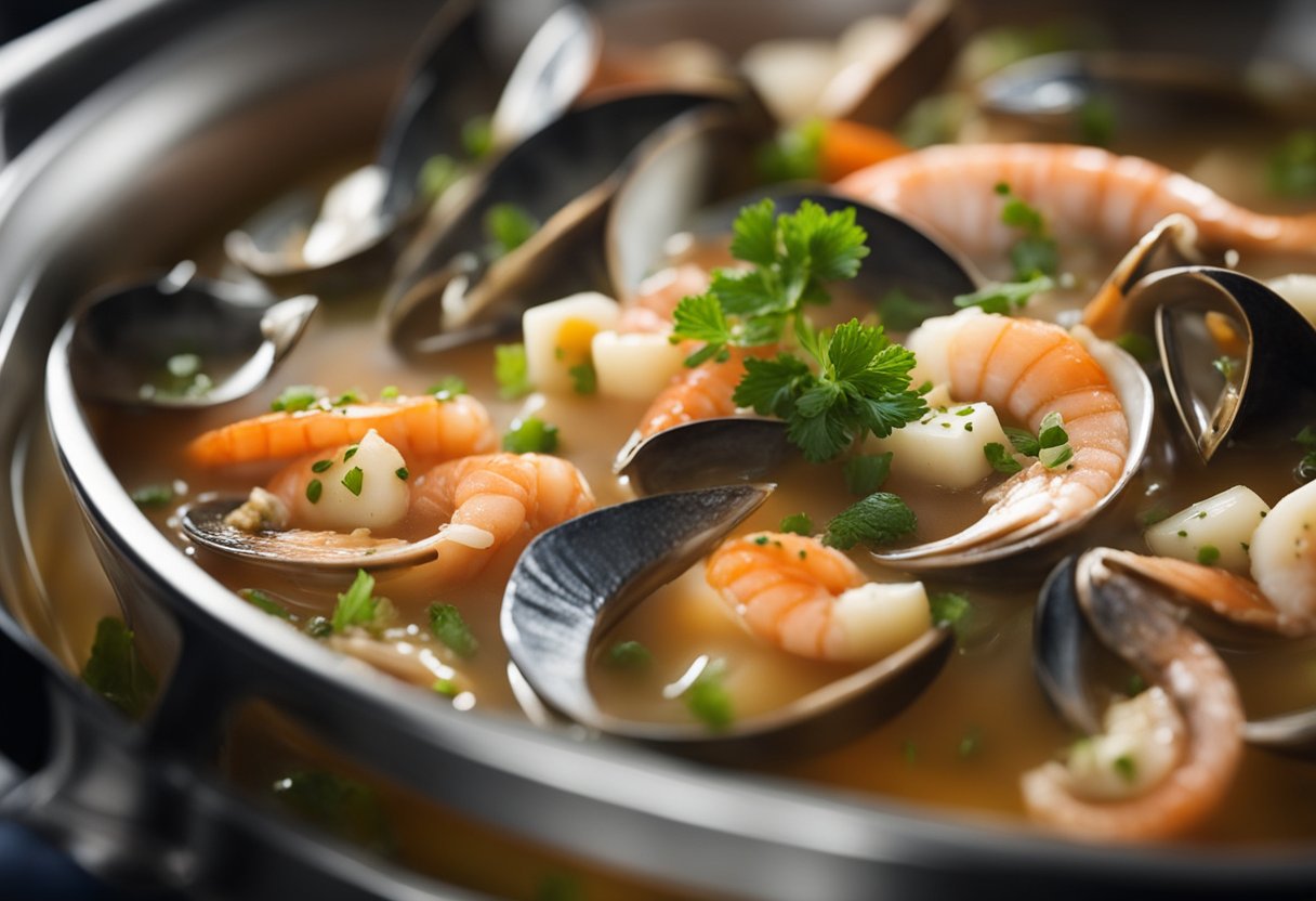 Fresh seafood, broth, and aromatic spices simmer in a large pot. Steam rises as ingredients meld together, creating a fragrant and flavorful seafood soup
