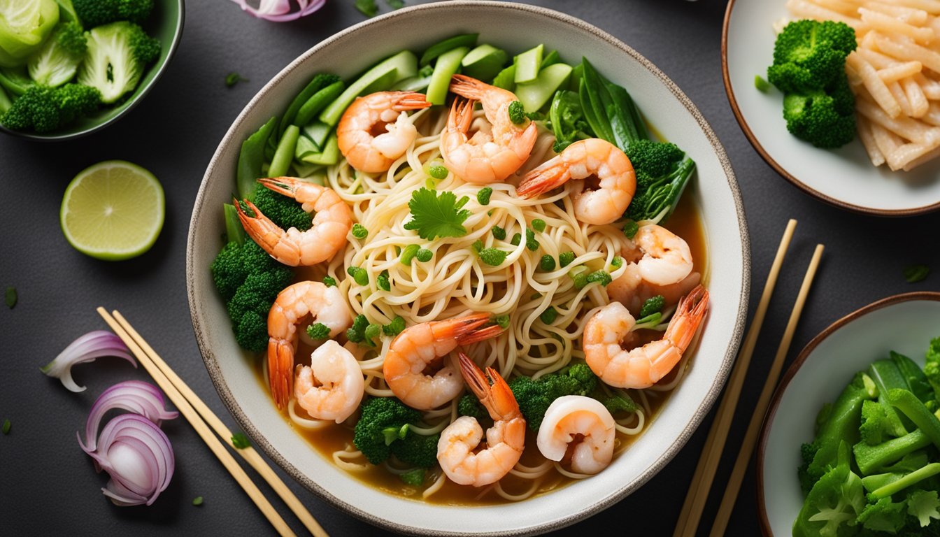 A steaming bowl of hokkien prawn noodle surrounded by fresh prawns, slices of tender pork, fragrant shallots, and vibrant green vegetables
