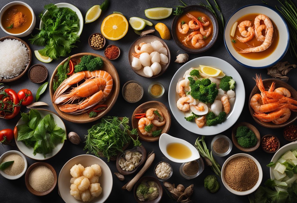 A table with fresh seafood, vegetables, and aromatic spices laid out for making Singaporean seafood soup