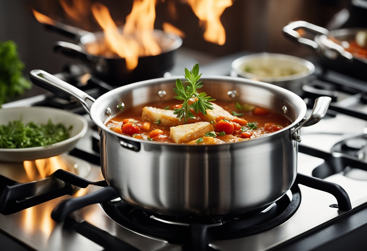 A pot simmers on the stove. Oil, garlic, tomatoes, and herbs are added and stirred. The sauce thickens as it cooks, ready for fried fish