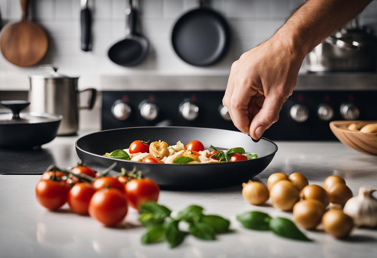 A hand reaches for olive oil, garlic, and tomatoes on a kitchen counter. A frying pan sizzles on the stove
