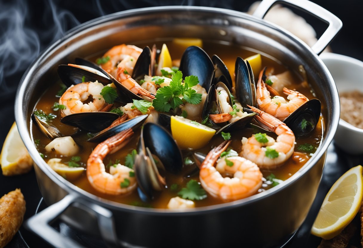 A pot simmers on a stove, filled with a rich broth and an assortment of fresh seafood, including shrimp, mussels, and fish. Aromatic herbs and spices float on the surface, infusing the air with a tantalizing aroma