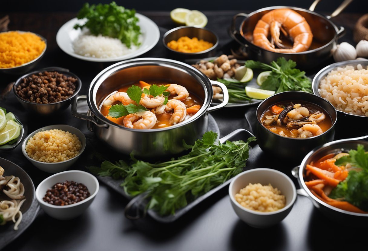 A pot simmering with seafood, vegetables, and aromatic spices, steam rising, surrounded by bowls and utensils