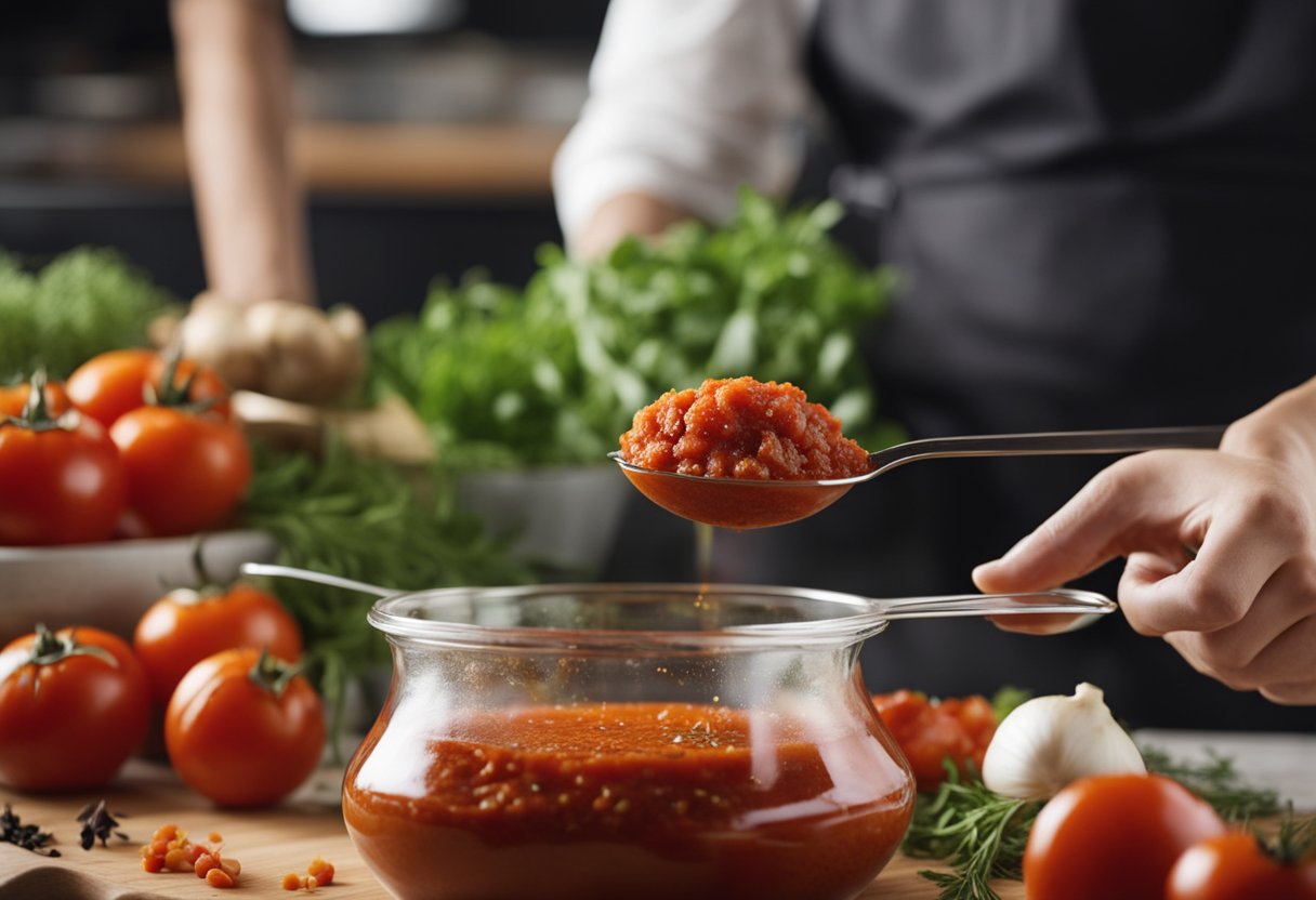 Fresh herbs and spices are being carefully measured and mixed into a bubbling pot of tomato sauce, as the aroma of garlic and onions fills the air