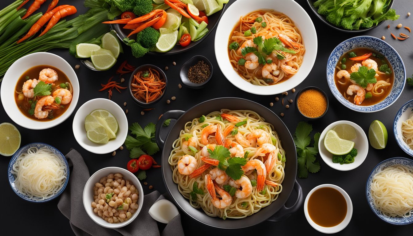A table with bowls of prawns, noodles, and various ingredients for Hokkien prawn noodle. Chopped vegetables, spices, and sauces are arranged neatly
