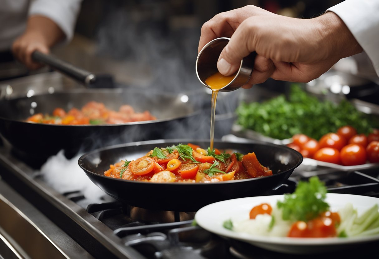 A chef pours a mixture of tomatoes, onions, and spices into a sizzling pan, creating a fragrant sauce for fried fish