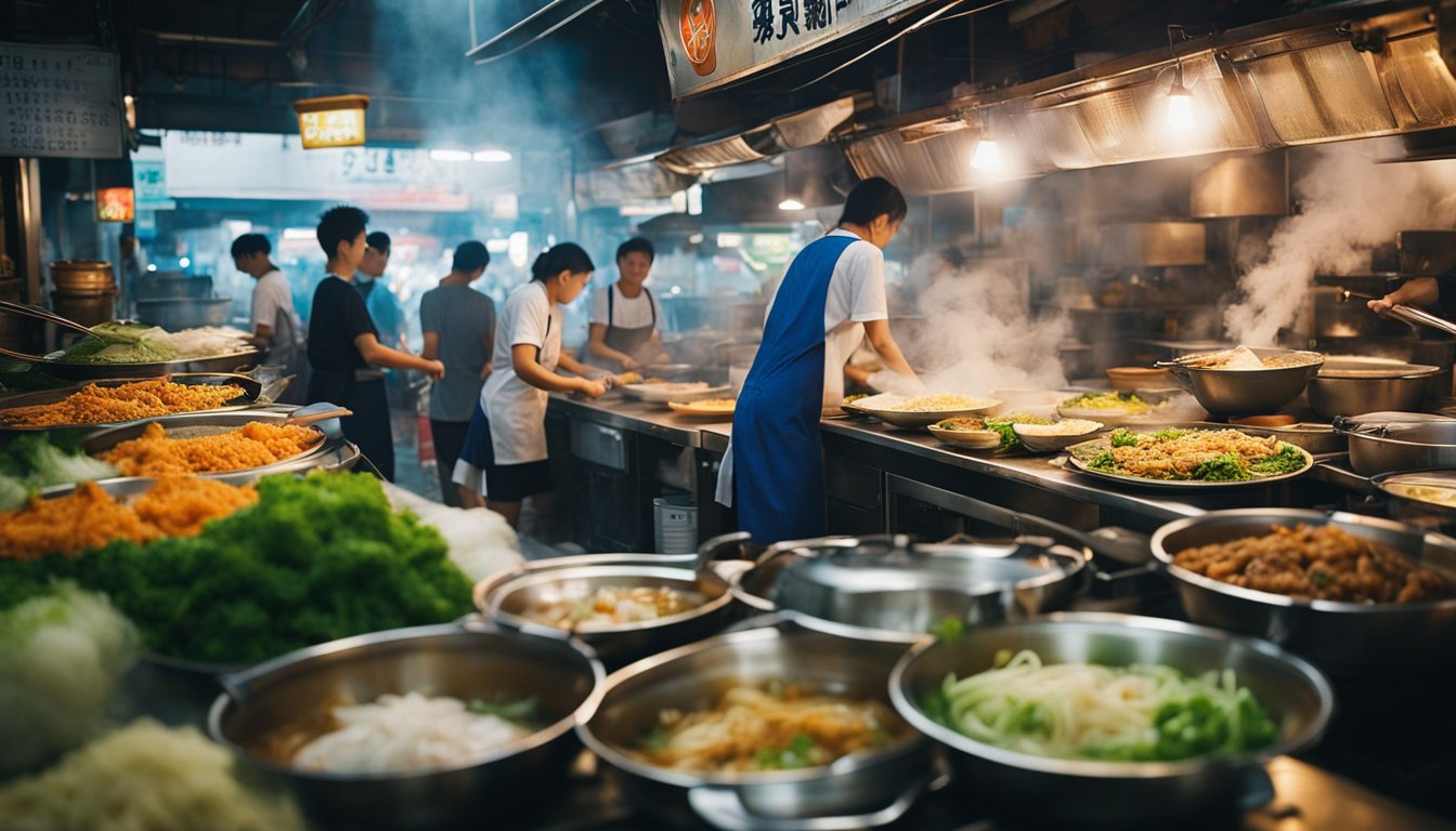 A bustling hawker stall at Holland Village XO Fish Head Bee Hoon, with steaming pots, sizzling woks, and colorful ingredients on display