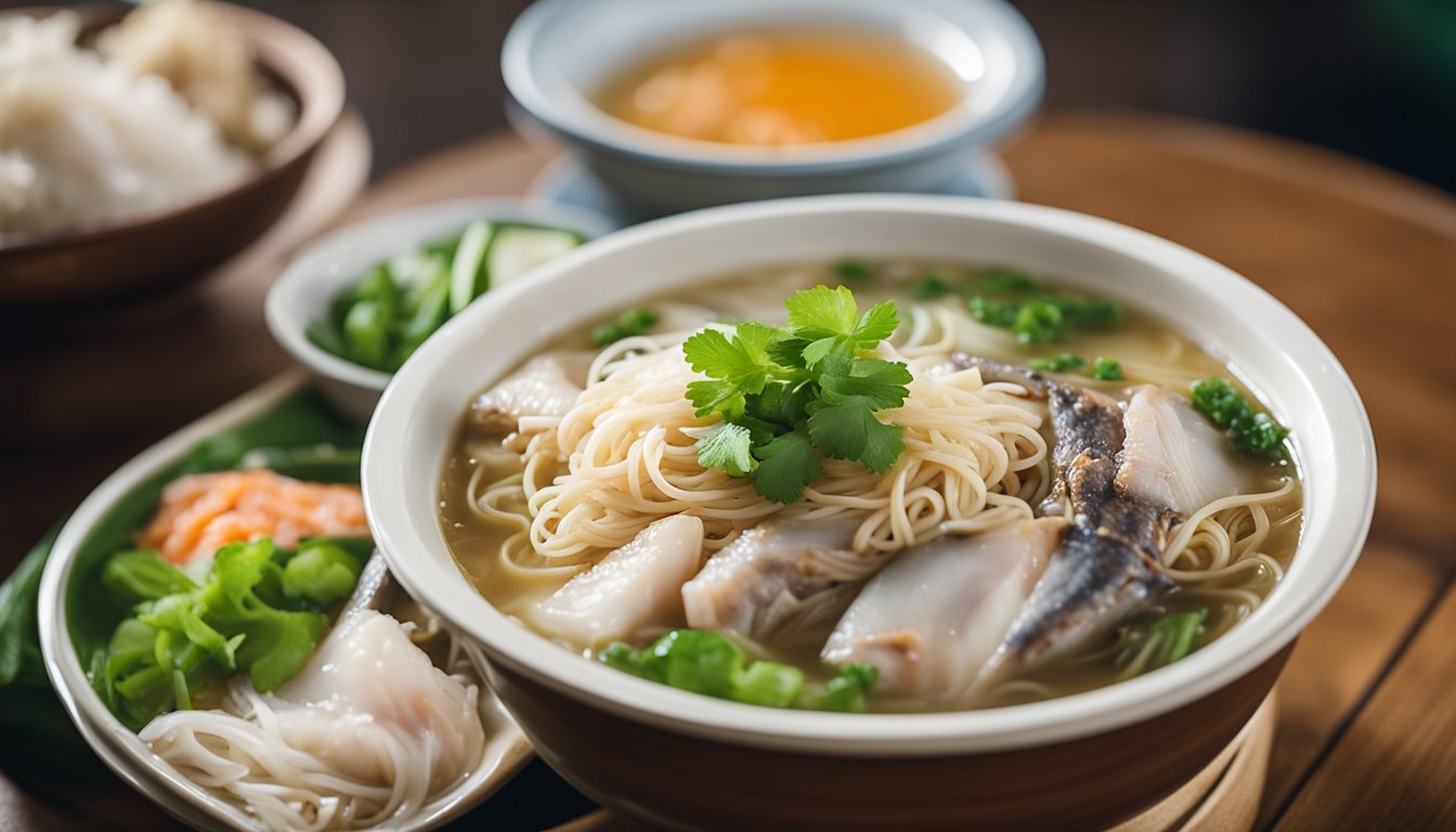 A steaming bowl of XO fish head bee hoon, filled with tender fish head, silky noodles, and fragrant broth, sits on a rustic wooden table in a bustling hawker center