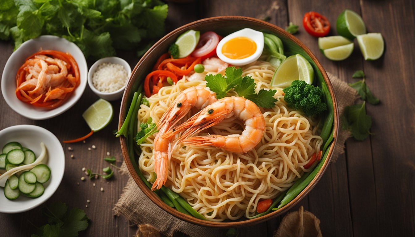 A steaming bowl of hokkien prawn noodle surrounded by fresh ingredients and condiments on a wooden table