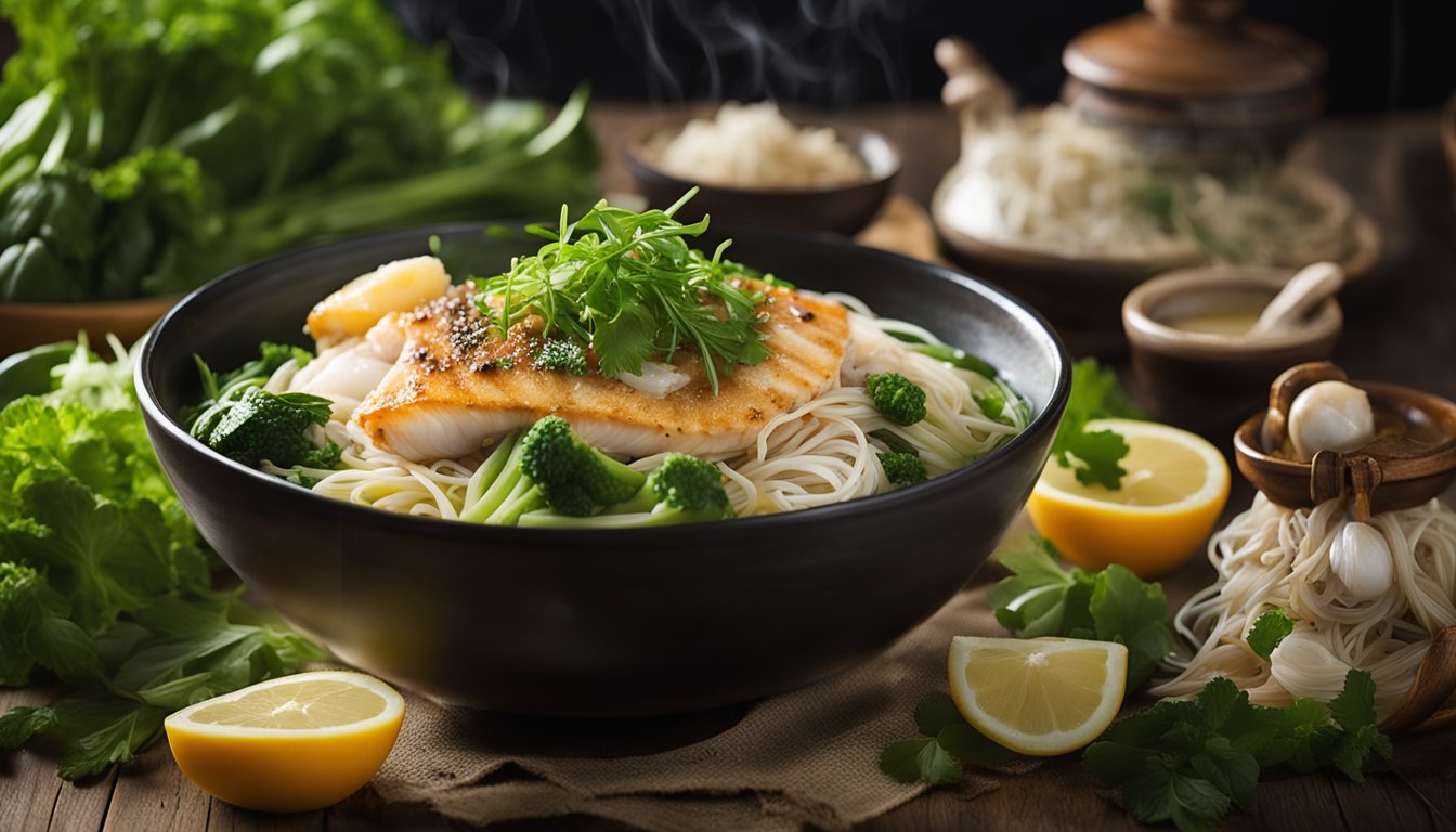 A steaming bowl of Holland Village XO Fish Head Bee Hoon sits on a rustic wooden table, surrounded by vibrant green vegetables and fragrant herbs. The rich broth glistens in the warm light, inviting the viewer to savor the flavors of