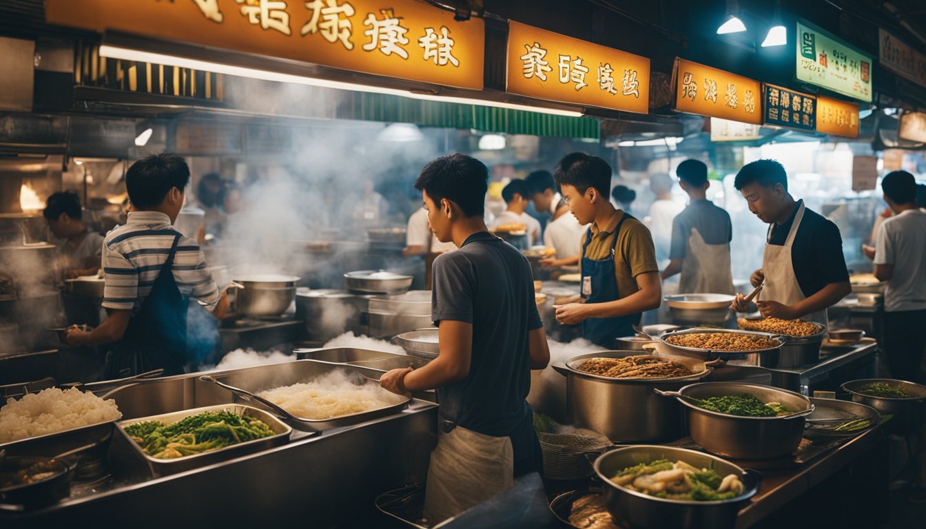 A bustling hawker center with colorful signage and steaming pots of fish head bee hoon. Customers line up at the stall, while others chat and eat at nearby tables