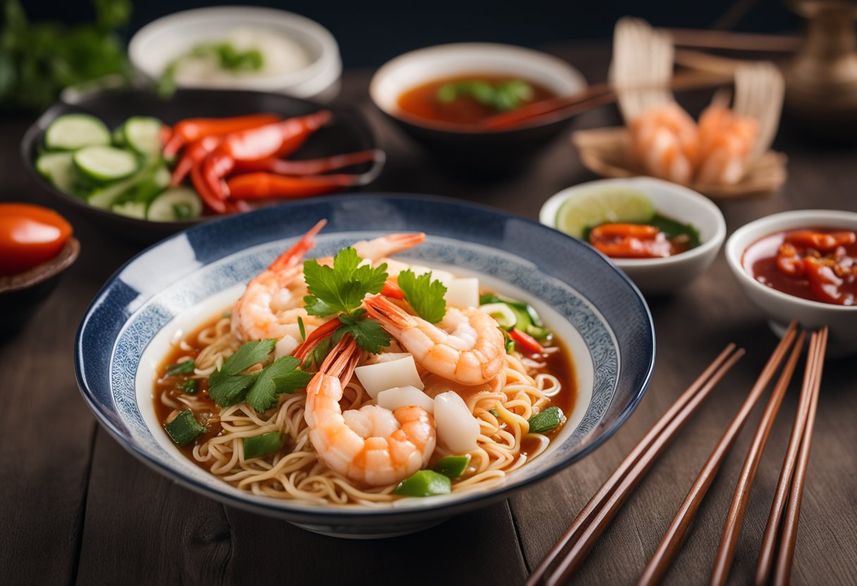 A steaming bowl of hoe nam prawn noodles sits on a wooden table, surrounded by chopsticks and a small dish of chili sauce